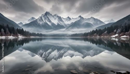 A breathtaking view of snow-covered mountains mirrored in a calm, reflective lake.