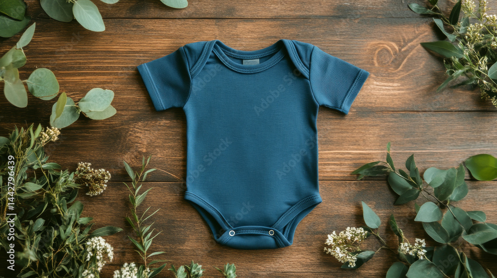 Mockup of baby bodysuit clothes on wooden background flat lay. Top view template for brand or logo advertising on children's clothes