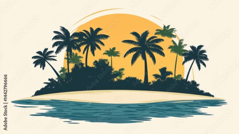 Serene Tropical Island with Palm Trees and Bright Sun Setting Over Calm Ocean Waters Serene Tropical Island with Palm Trees and Bright Sun Setting Over Calm Ocean Waters