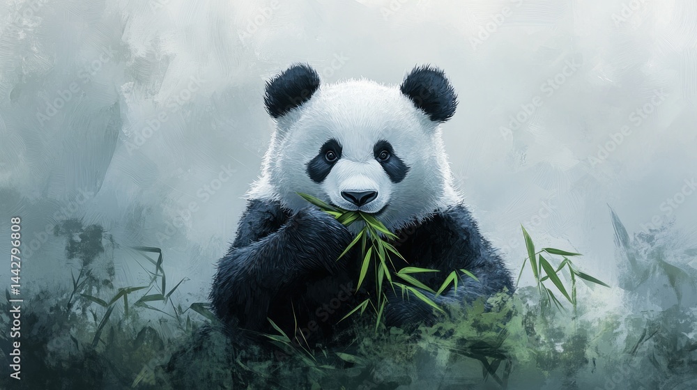 Panda eating bamboo in misty forest Panda eating bamboo in misty forest
