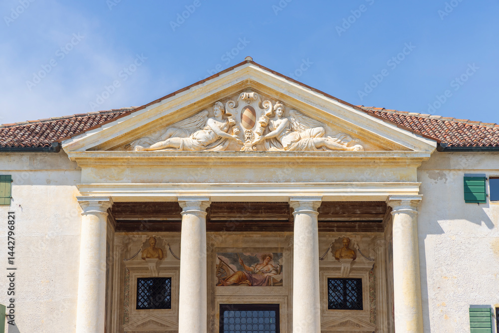 Neoclassical facade of Villa Emo in Vedelago, Treviso, Veneto, Italy, featuring sculptures and frescoes