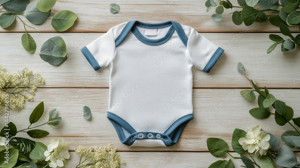 Mockup of baby bodysuit clothes on wooden background flat lay. Top view template for brand or logo advertising on children's clothes