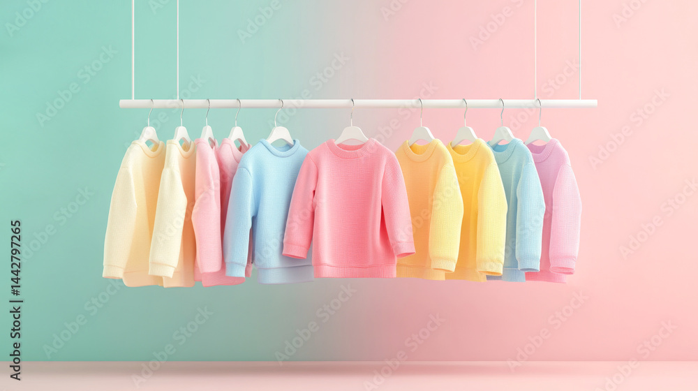 Mockup of hanging baby sweatshirt in a Row on Open Hanger. Template for brand or logo advertising
