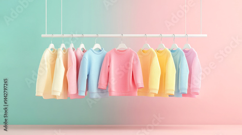 Mockup of hanging baby sweatshirt in a Row on Open Hanger. Template for brand or logo advertising