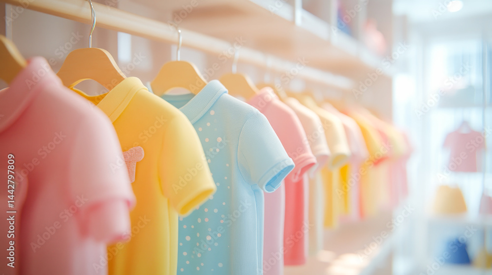 Mockup of hanging baby clothes in a Row on Open Hanger. Template for brand or logo advertising on children's clothes