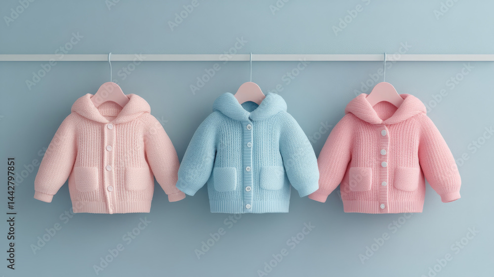 Mockup of hanging baby clothes in a Row on Open Hanger. Template for brand or logo advertising on children's clothes