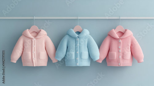 Obraz na płótnie Mockup of hanging baby clothes in a Row on Open Hanger. Template for brand or logo advertising on children's clothes w salonie