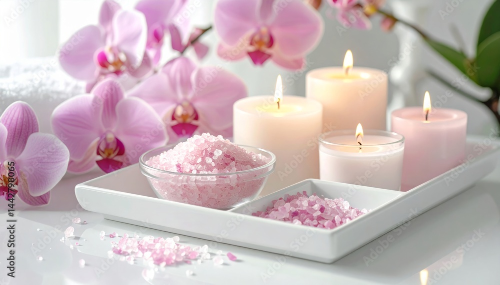 Pink Orchids and Burning Candles on White Tray Pink Orchids and Burning Candles on White Tray