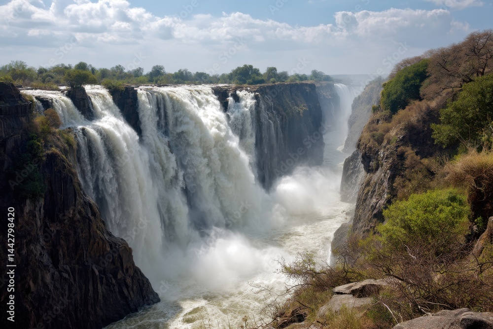 Fototapeta premium Victoria Falls, one of the Seven Natural Wonders, roars with unstoppable force