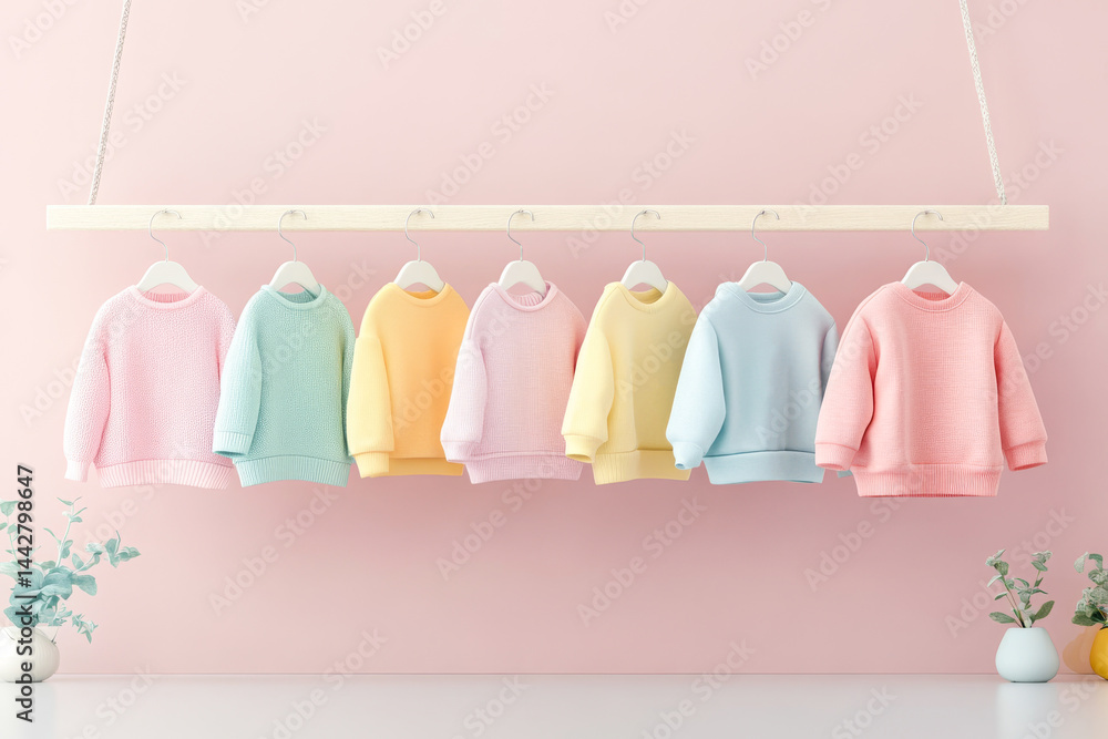 Mockup of hanging baby sweatshirt in a Row on Open Hanger. Template for brand or logo advertising