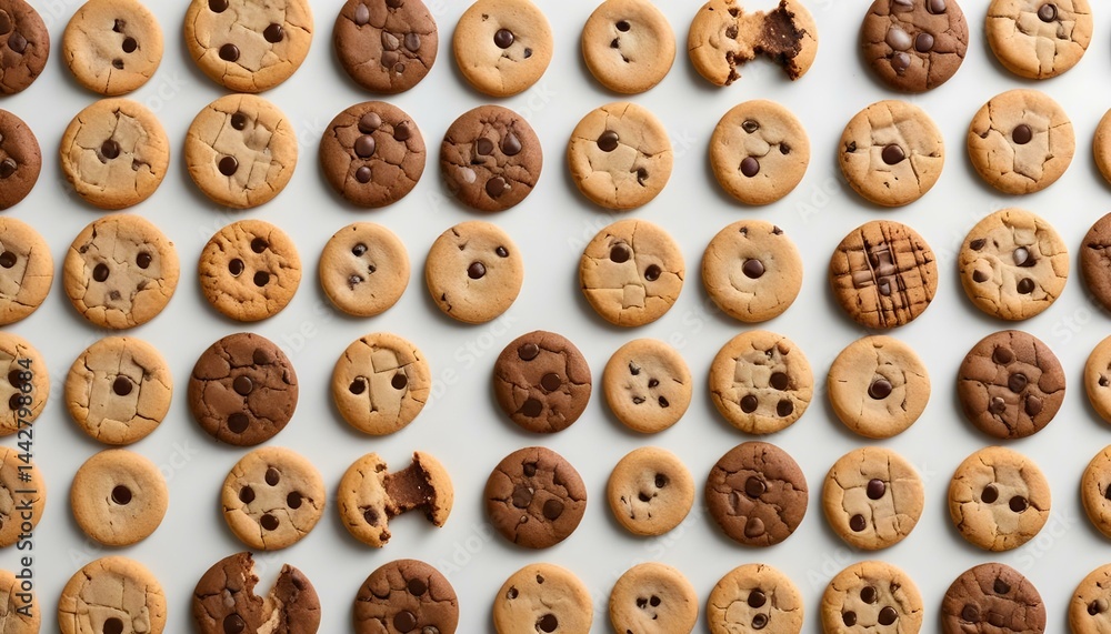 Obraz premium A close-up, overhead view of a beautiful arrangement of chocolate chip cookies.