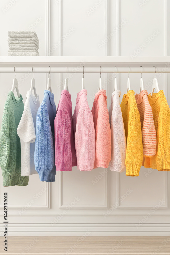 Mockup of hanging baby sweatshirt in a Row on Open Hanger. Template for brand or logo advertising
