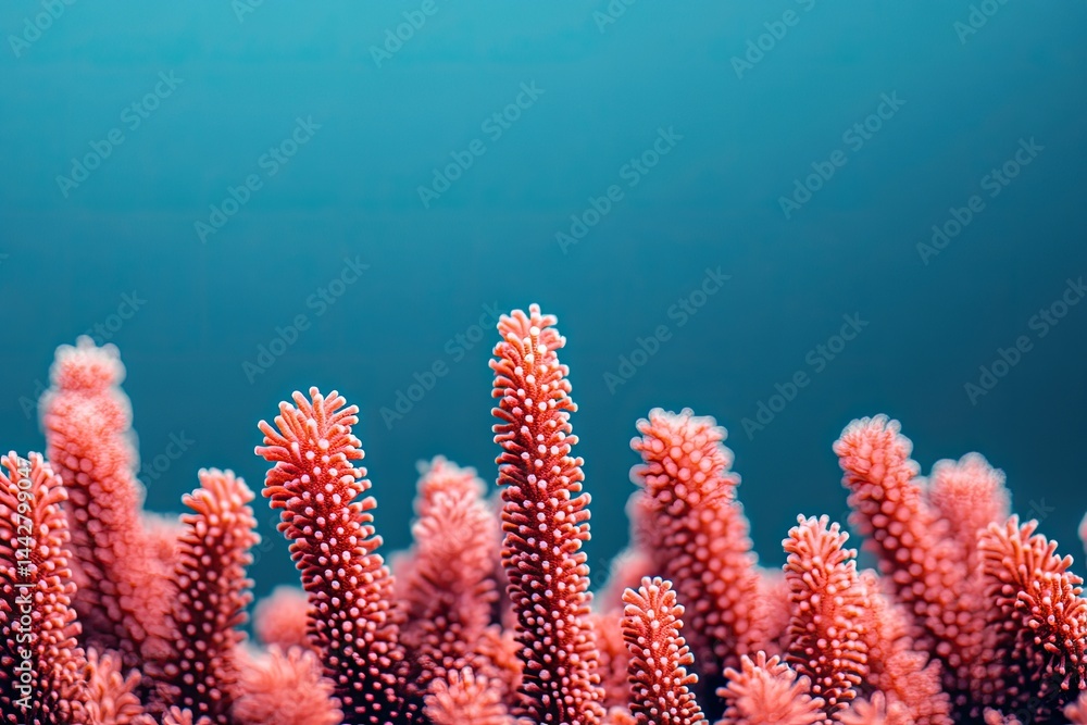 Fototapeta premium Close-up of vibrant coral, soft pink, finger-like structures, against teal water