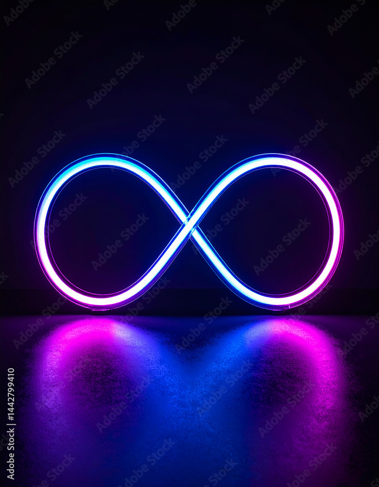 Fototapeta premium Glowing neon infinity sign on dark background. Eternity, endless and unlimited. Modern design.