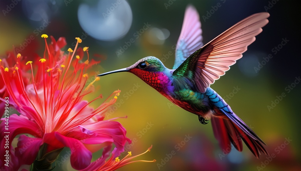Fototapeta premium magenta throated woodstar flying in front of flower