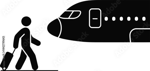 Traveler Walking to Airplane, Boarding with Luggage, Travel Icon