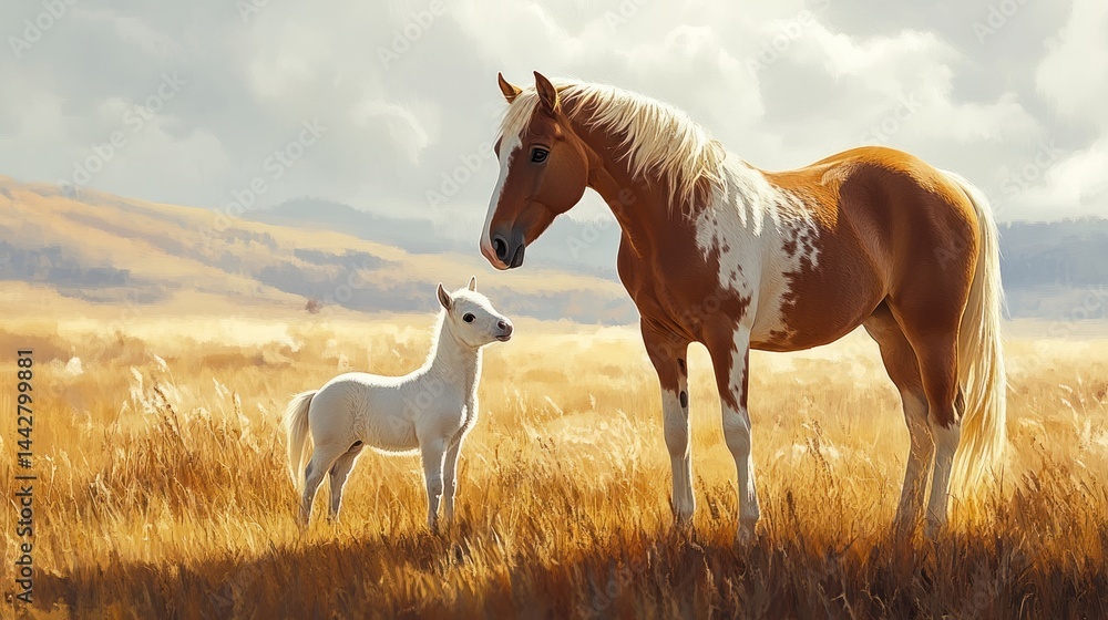 Obraz premium Mother and foal in golden field