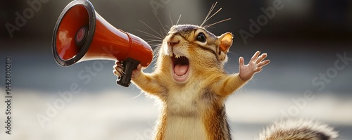 Squirrel yelling enthusiastically into a red megaphone with open mouth