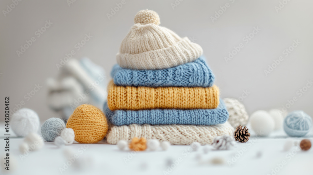 Stack of baby clothes with baby hat. Knitted soft warm neatly folded kids clothes