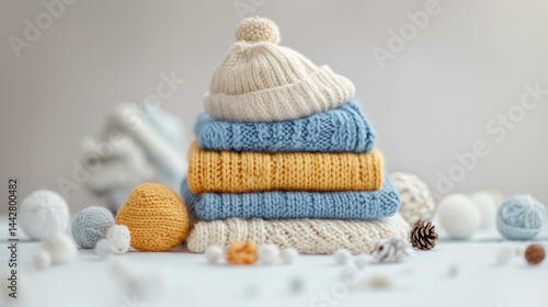 Obraz na płótnie Stack of baby clothes with baby hat. Knitted soft warm neatly folded kids clothes w salonie
