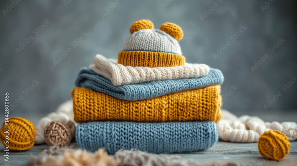Stack of baby clothes with baby hat. Knitted soft warm neatly folded kids clothes