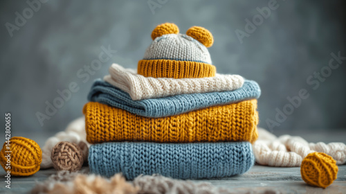 Stack of baby clothes with baby hat. Knitted soft warm neatly folded kids clothes