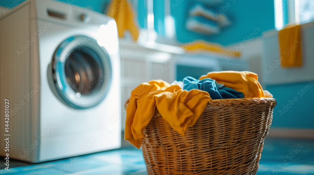 laundry basket full of dirty colored clothes. Washing machine with interior of bathroom on background in blur