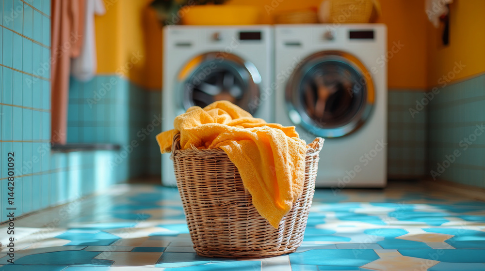 laundry basket full of dirty colored clothes. Washing machine with interior of bathroom on background in blur