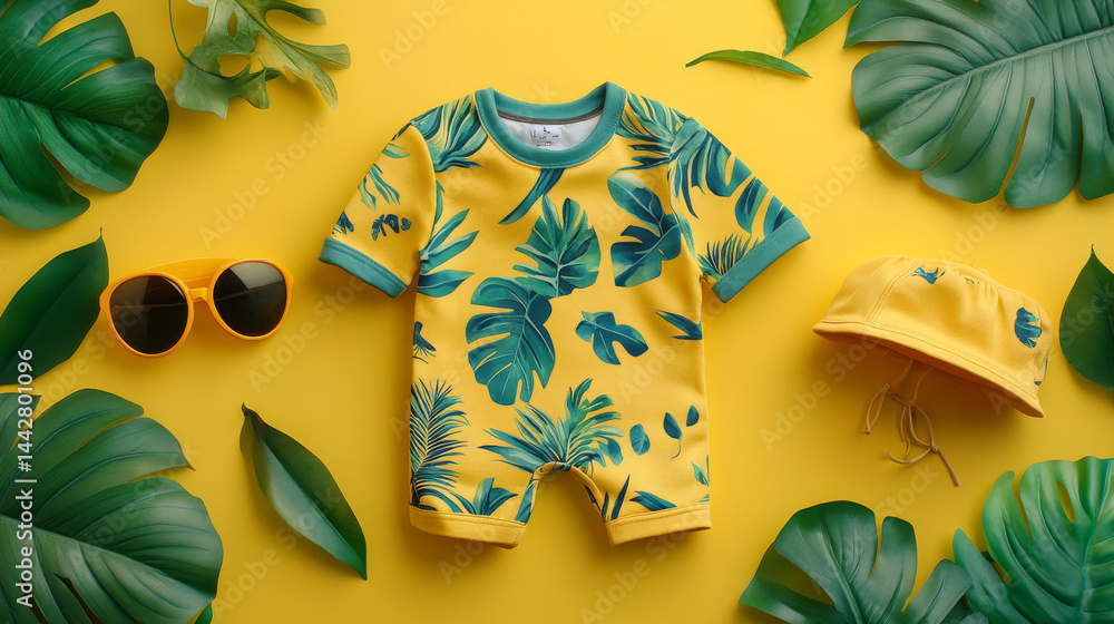 Mockup of baby bodysuit clothes on yellow background flat lay. Top view template for brand or logo advertising on children's clothes