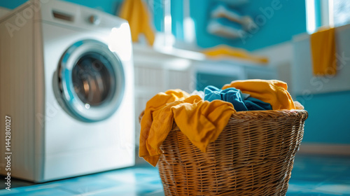 Obraz na płótnie laundry basket full of dirty colored clothes. Washing machine with interior of bathroom on background in blur w salonie
