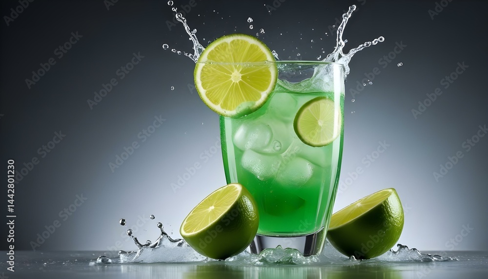Vibrant green cocktail with lime slices and ice, capturing a refreshing splash against a gradient background. Vibrant green cocktail with lime slices and ice, capturing a refreshing splash against a gradient background.