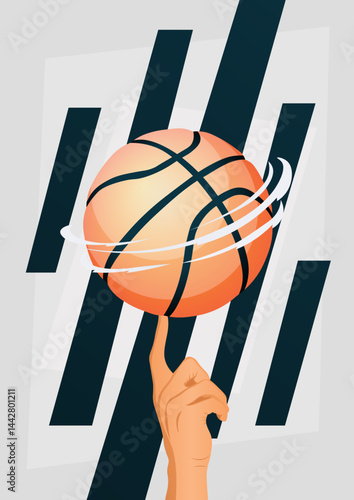 Basketball Spinning on Finger with Dynamic Motion Effect. Modern vector illustration with motion lines and abstract background shapes. Ideal for sports promotions and basketball-themed merchandise
