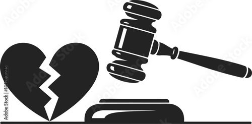 Broken Heart and Gavel Icon, Divorce Legal Symbol, Court Judgment Illustration