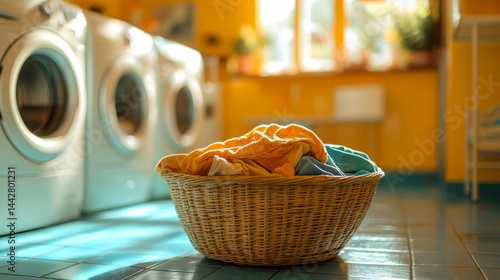 Obraz na płótnie laundry basket full of dirty colored clothes. Washing machine with interior of bathroom on background in blur w salonie