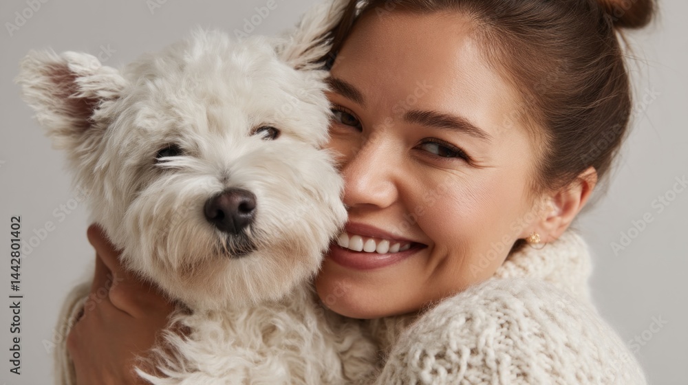 In a warm, inviting indoor space, a woman beams as she cradles her fluffy white dog, sharing a moment of love and connection, surrounded by a cozy atmosphere In a warm, inviting indoor space, a woman beams as she cradles her fluffy white dog, sharing a moment of love and connection, surrounded by a cozy atmosphere