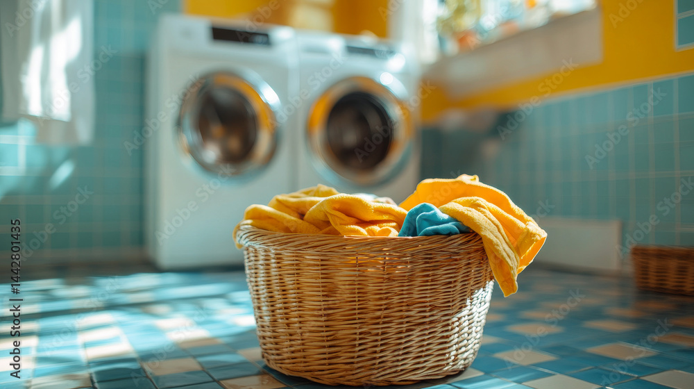 laundry basket full of dirty colored clothes. Washing machine with interior of bathroom on background in blur