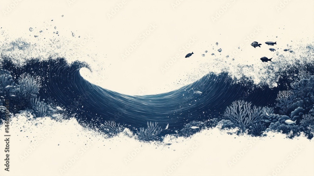 Artistic Depiction of a Dynamic Ocean Wave with Marine Life and Coral Elements in Shades of Blue and White Artistic Depiction of a Dynamic Ocean Wave with Marine Life and Coral Elements in Shades of Blue and White