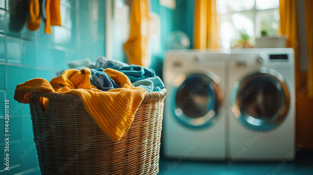 laundry basket full of dirty colored clothes. Washing machine with interior of bathroom on background in blur