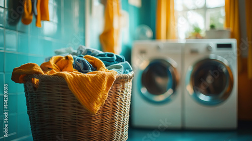Obraz na płótnie laundry basket full of dirty colored clothes. Washing machine with interior of bathroom on background in blur w salonie