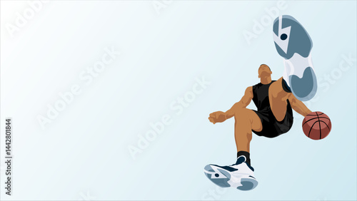 Powerful Basketball Slam. Athlete Vector Artwork in Action Pose. Clean background and strong motion lines emphasize the force and skill of the player. Ideal for sports branding and promotions