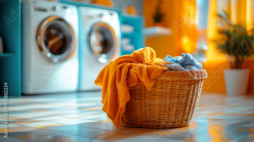 Obraz na płótnie laundry basket full of dirty colored clothes. Washing machine with interior of bathroom on background in blur w salonie