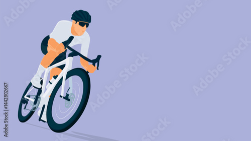 Cyclist in Action – Road Bike Race Vector Illustration on Purple Background with copy-space. Ideal for cycling promotions, sports events, competitions, and active lifestyle campaigns.