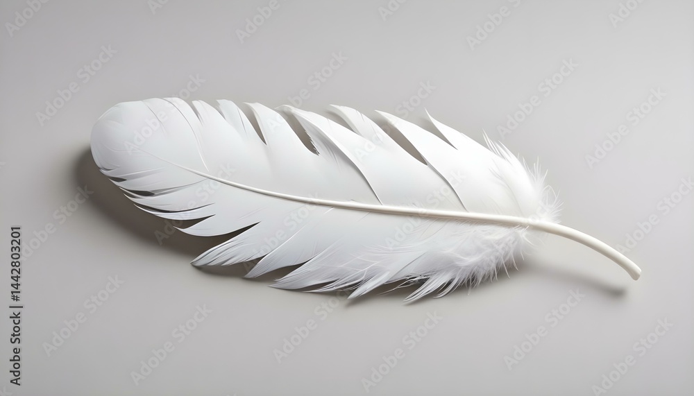 Obraz premium An elegant white feather lies on a gray surface, displaying its delicate details in a macro shot.