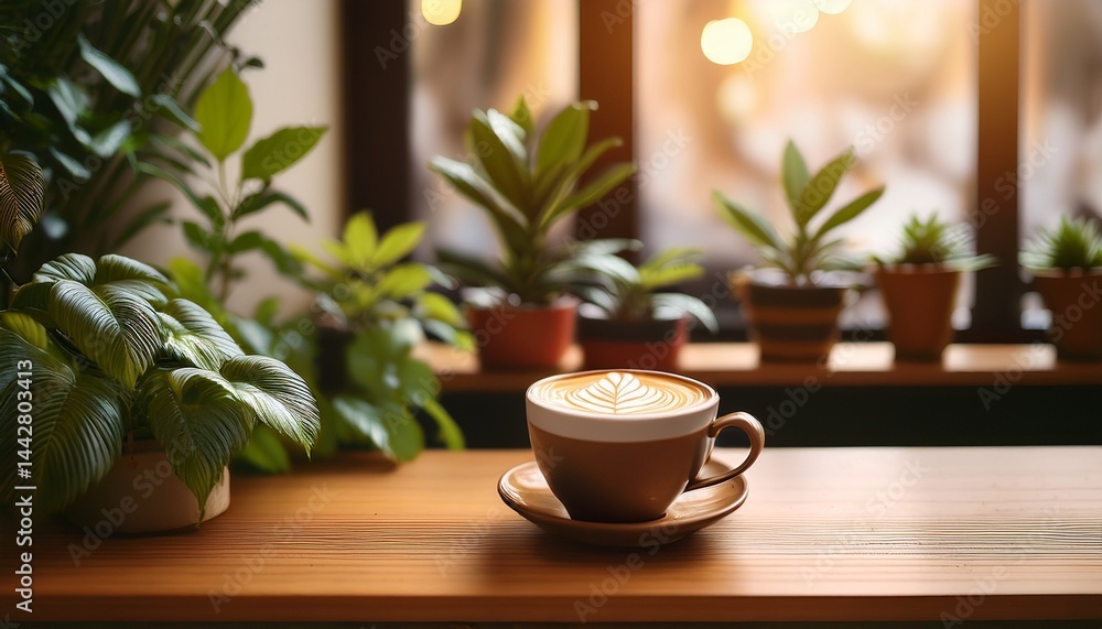 a cozy coffee cup with latte art sits on a wooden table surrounded by indoor plants in a warm cafe ambiance a cozy coffee cup with latte art sits on a wooden table surrounded by indoor plants in a warm cafe ambiance