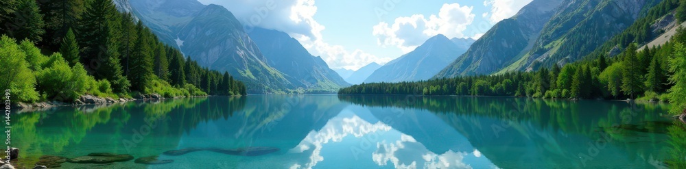 Crystal clear alpine lake mirroring sky, lush greenery , wild, sky, gorgeous Crystal clear alpine lake mirroring sky, lush greenery , wild, sky, gorgeous