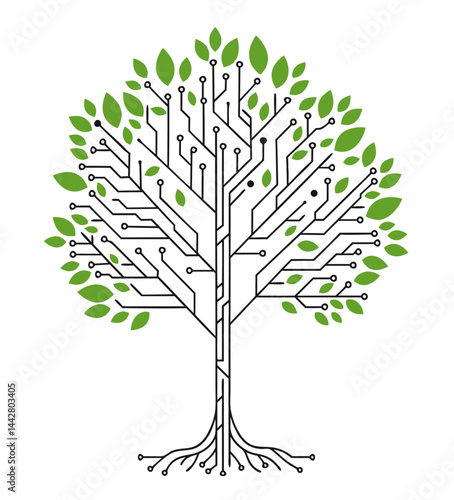Abstract tree made of circuit lines and green leaves symbolizing eco technology