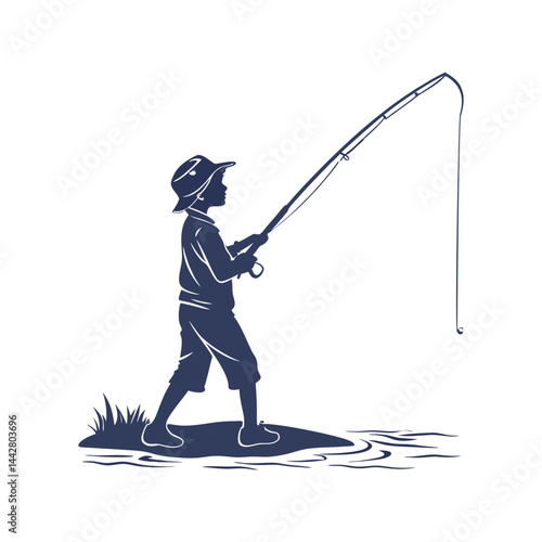 Silhouette of a Kid Fishing – Peaceful Childhood Moment Vector Illustration