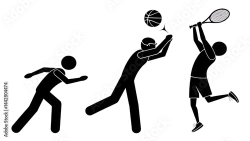 Vector illustration shows black silhouettes of sport people, including a man in action, likely a runner or player, against a white background