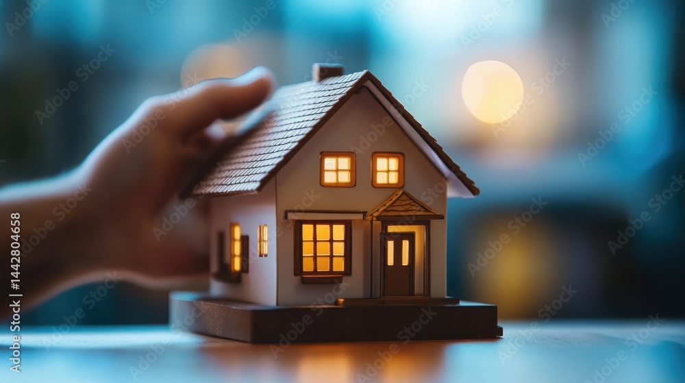 Hand holding illuminated miniature house model Hand holding illuminated miniature house model