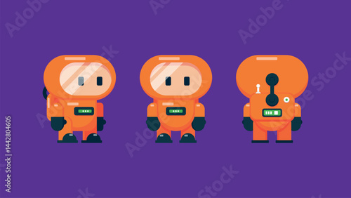 Cute E-sports Mascot Vector Illustration Character in Orange Hazmat Suit Front, Side, and Back Views. This cartoon-style figure is perfect for use as an e-sports team mascot and a gaming avatar.